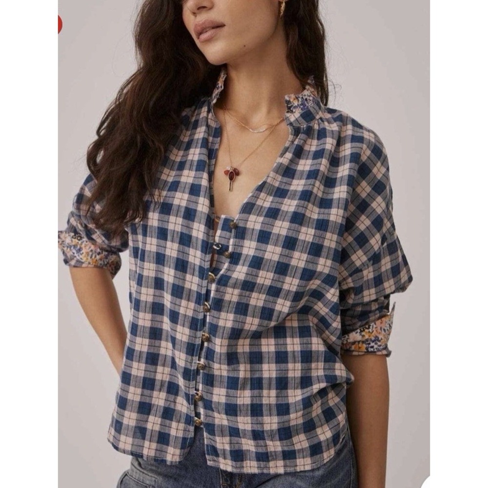Pilcro Plaid Floral Trim Blouse XS Pink Blue Button Front Cottagecore Boho Shirt